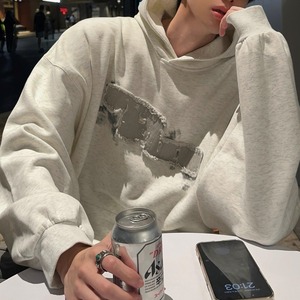 High-Street Hooded Sweatshirt with Letter Patch Embroidery & Frayed Details (FD029)