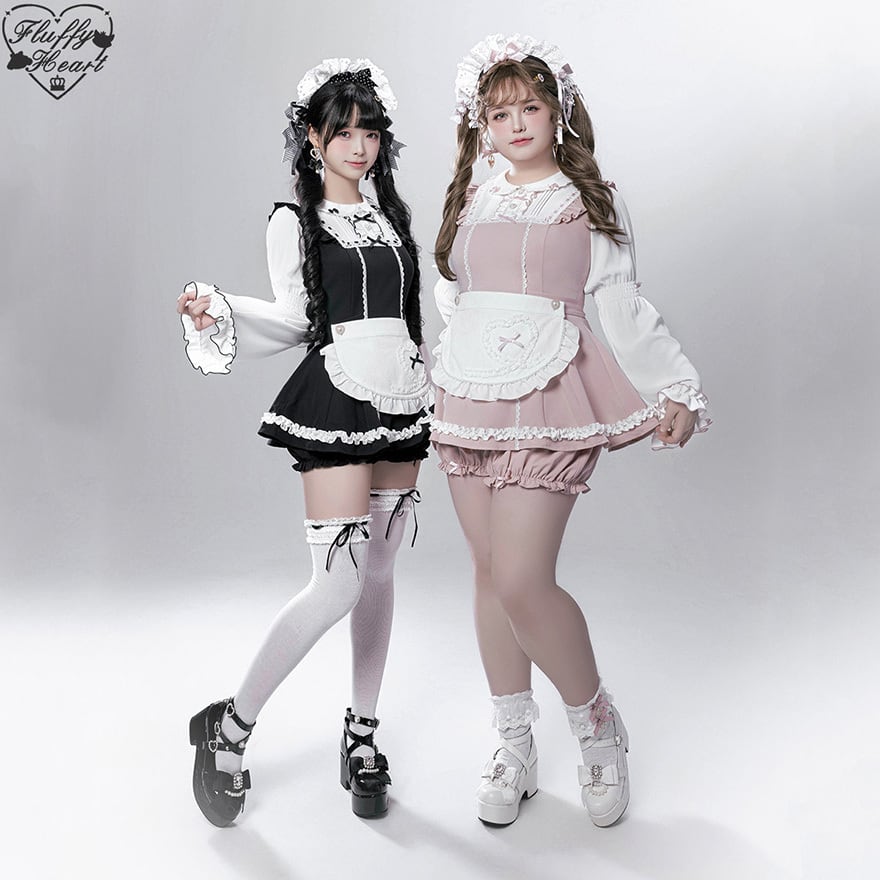 地雷系 メイド風トップス×パンツ3点セット エプロン付き