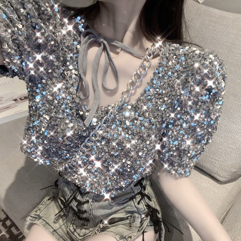 サマースリーブショートホルターレッドシャツ トップス レース 夏物 レースアップ スクウェア ハンチェンe50353546461