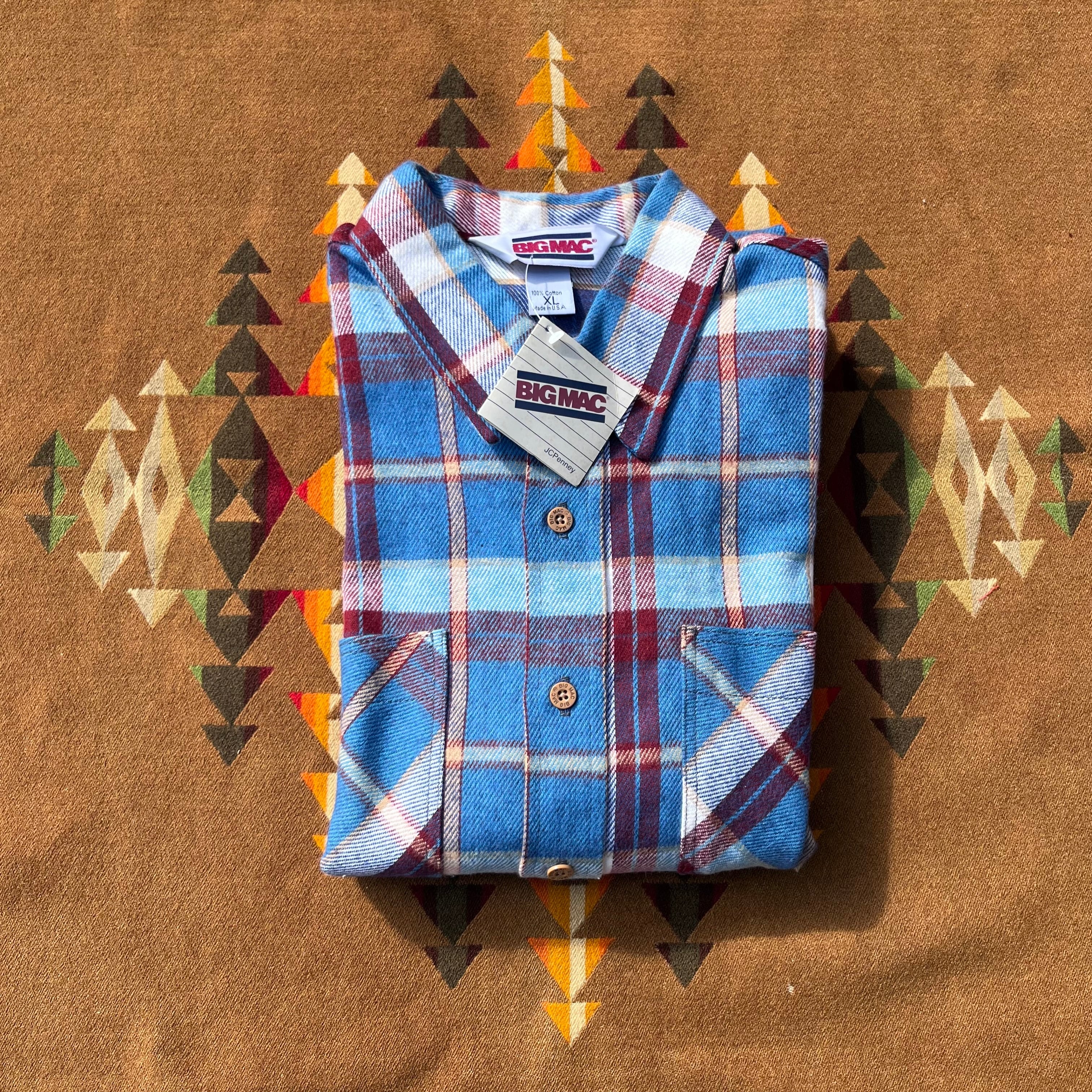 1980’s ”BIG MAC” Cotton Heavy Flannel Shirt/XL/Light Blue, Maroon