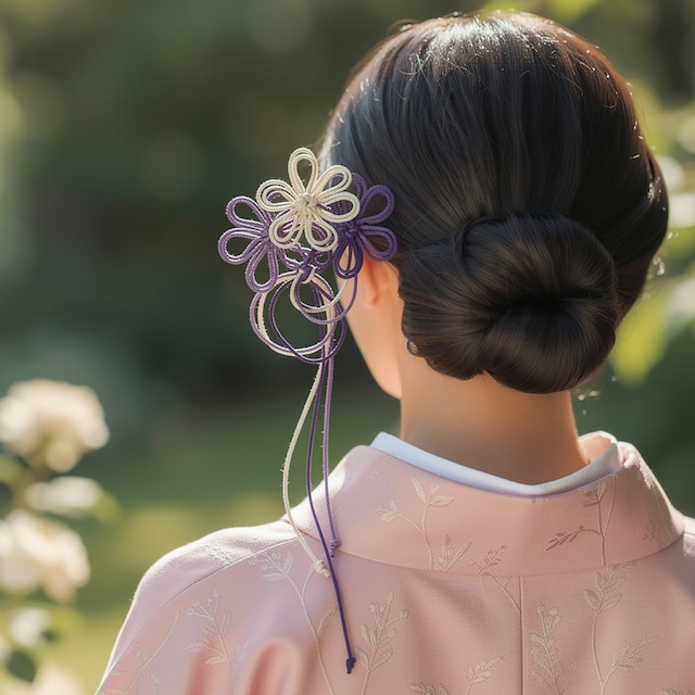 飾り結びかんざし「想い舞うは」（アイボリー×淡紫×濃紫）【軽量】浴衣・着物・フォーマルの和装ヘアに。