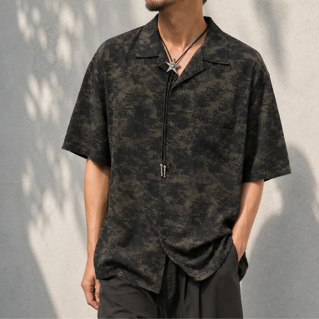 【H1204】open color short sleeve patterned shirt