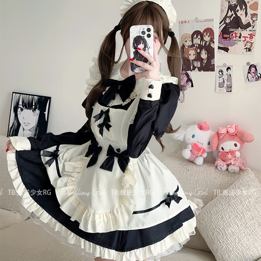 メイド服 コスプレ衣装 ワンピース エプロン リボン 付け袖 イベント衣装 コンカフェ衣装