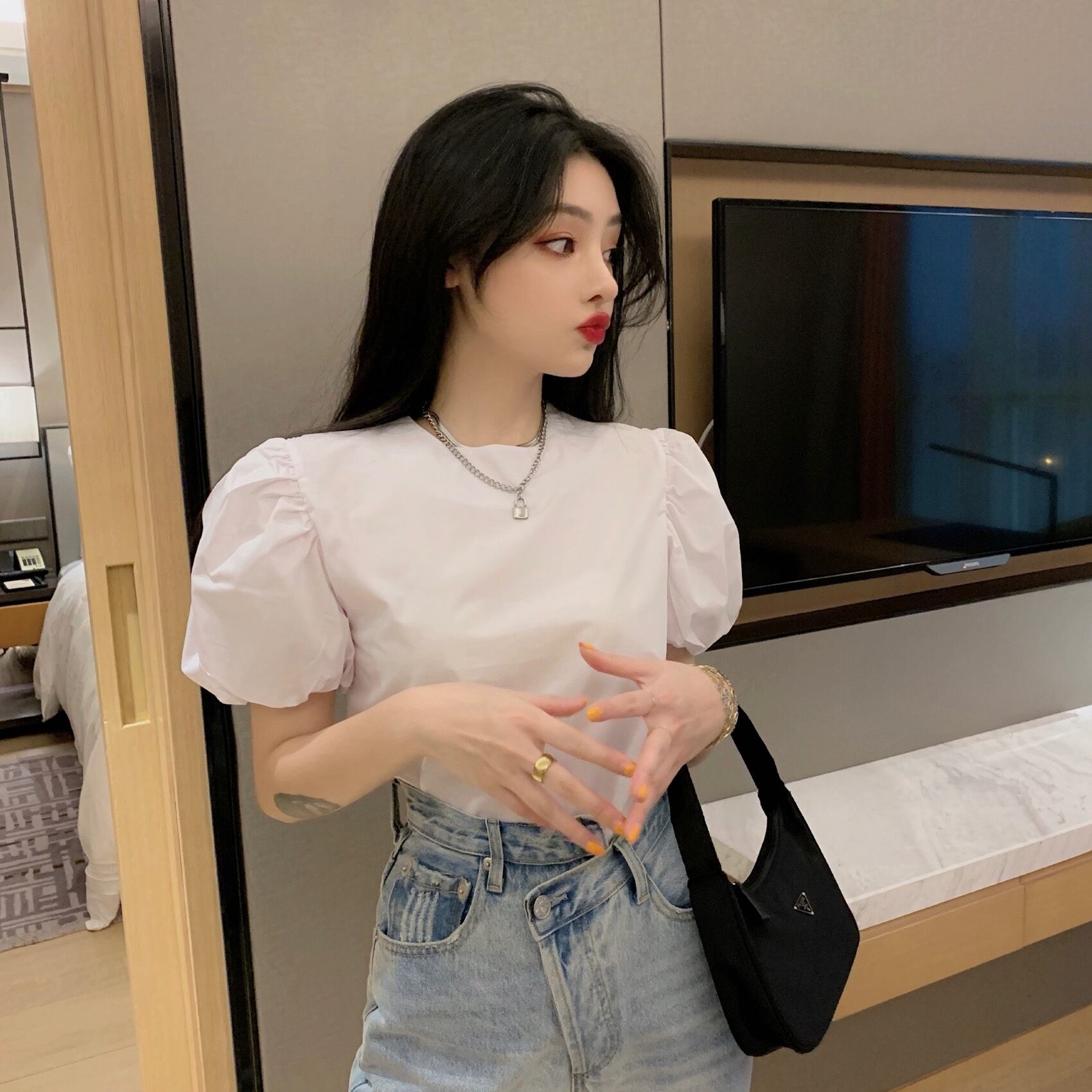 2020年夏の新しい香港スタイルのレトロなバブルスリーブ半袖シャツ女性ウエスタンスタイルの薄いスーパーフェアリースイートシフォントップ 1号婦人43058528852