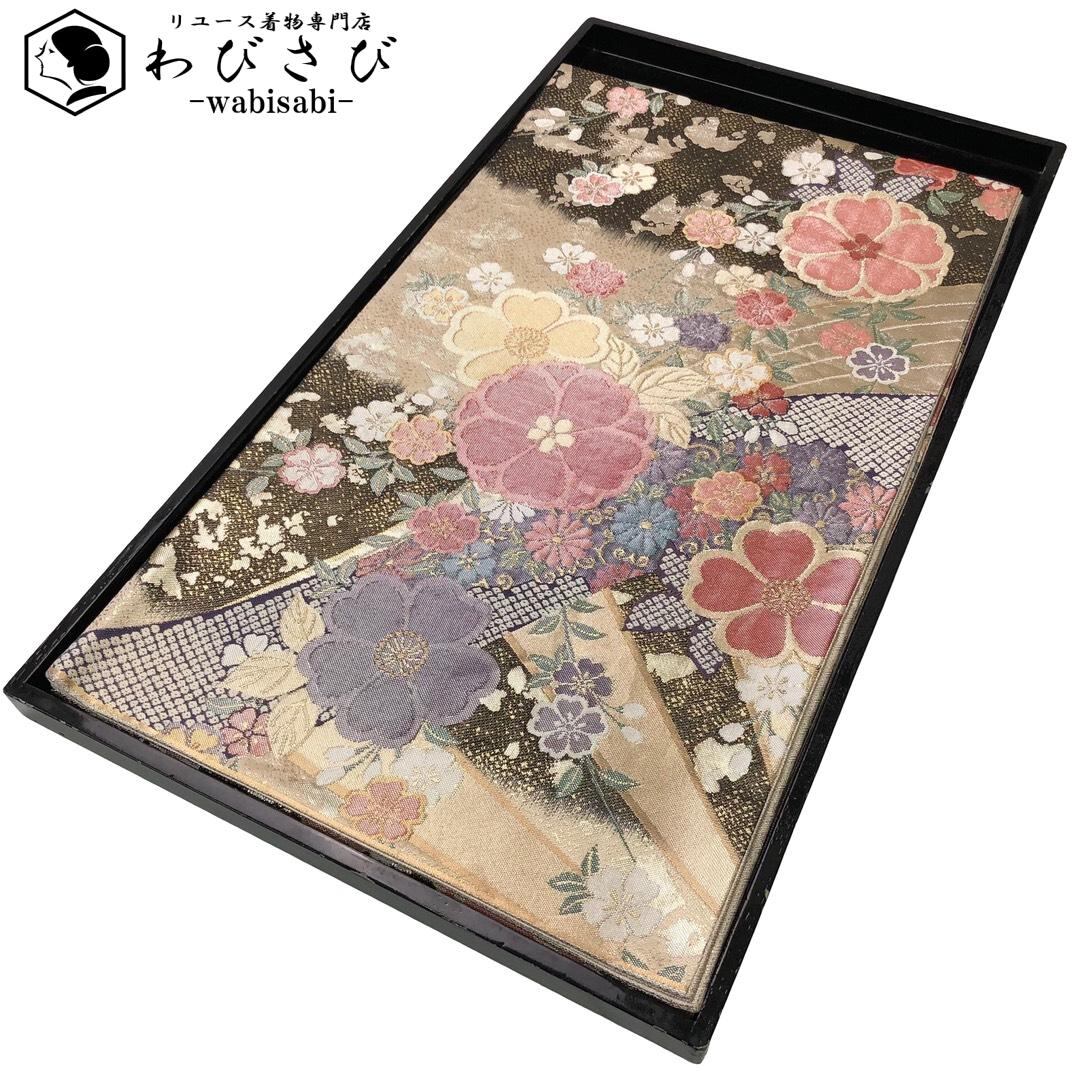 袋帯 地紙に椿屋菊の花模様 金糸 白色 振袖 O-4769 袋帯 美しい花模様