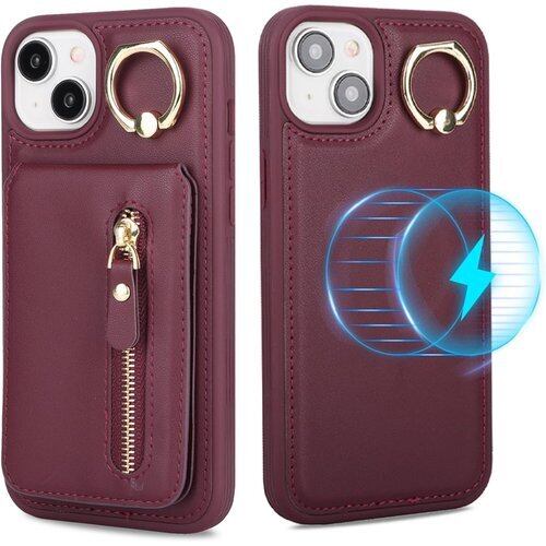 iPhone 15 ケース 分離可 カードケース リング付きケース magsafe対応ケース マグセーフ magsafe用 アイホン15 リング付き iPhone 15 カバー スマホケース アイフォン15 アイホン15 case 適用 iCoverCase リング カード収納 スナップ 横置き スタンド マグネット カード入れ ファスナー 携帯カバー ワインレッド 2785