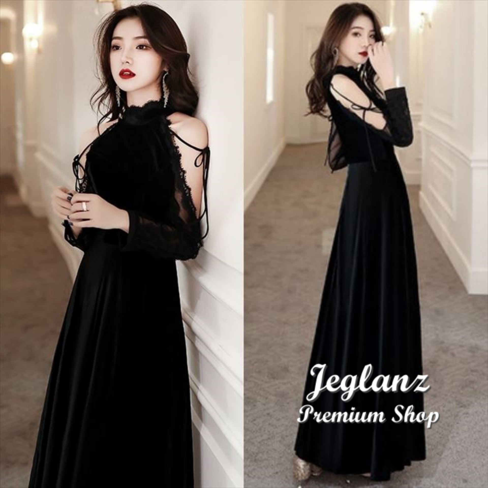 パーティ イブニングドレス ベロア調 オープンショルダー 肌透け