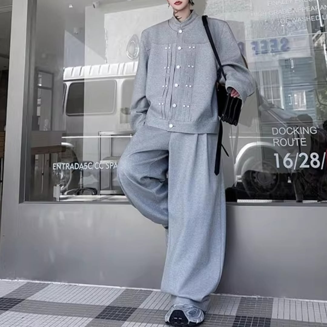 プリーツビーズデザインカーディガン&スウェットワイドレッグパンツセットアップ 2カラー D11909