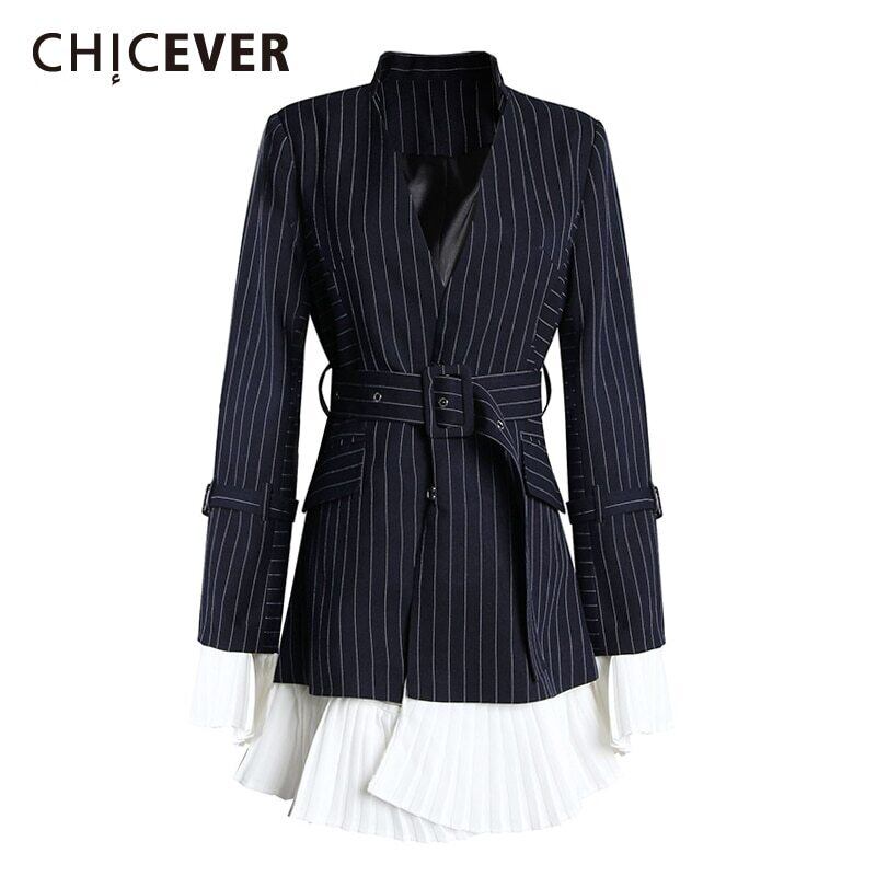 CHICEVERパッチワークレディースブレザーノッチ付き長袖サッシ裾ストライプヒットカラーコート2020服 ロング 6base530347906029