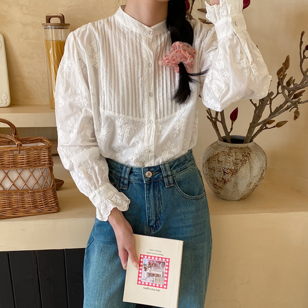 embroidered organ pleated lace cotton shirt