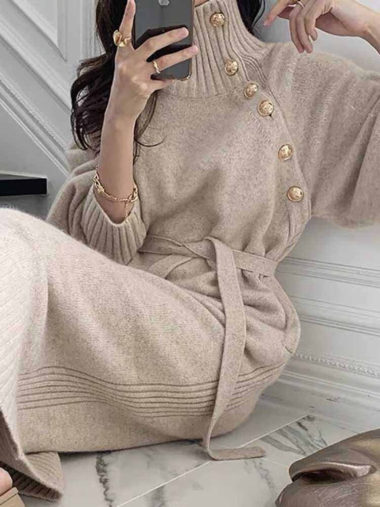 ハイネックニットワンピ  サイドボタン 大人 きれいめ エレガント アシンメトリー ミディアム丈 大きいサイズ 韓国 CH8139