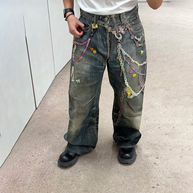 ウォレットチェーン落書きデザインデニムパンツ | mblueshop