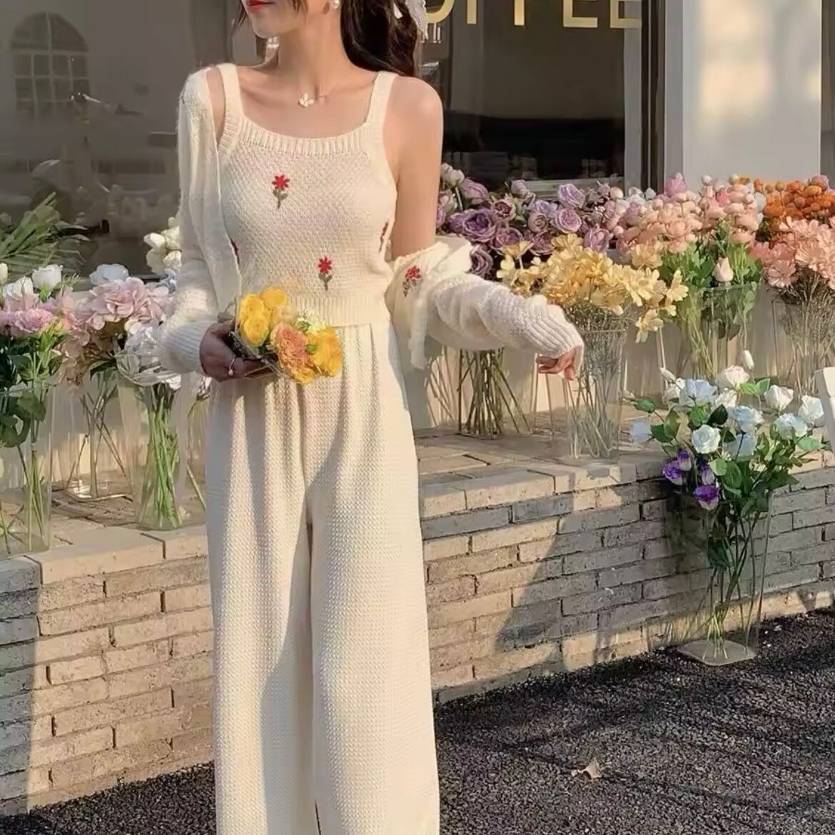 フラワーステッチカーディガンセット