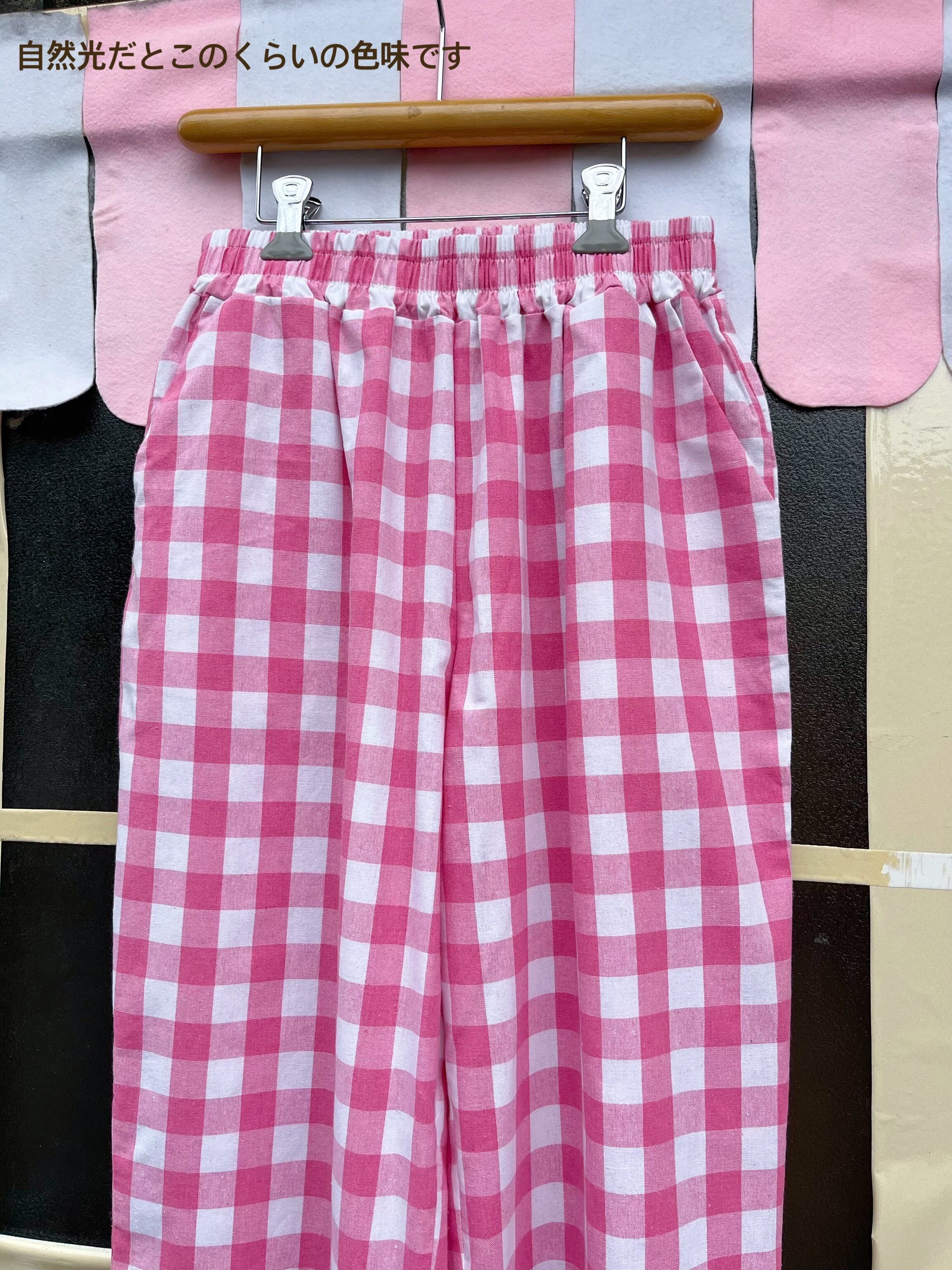 pink block check pants