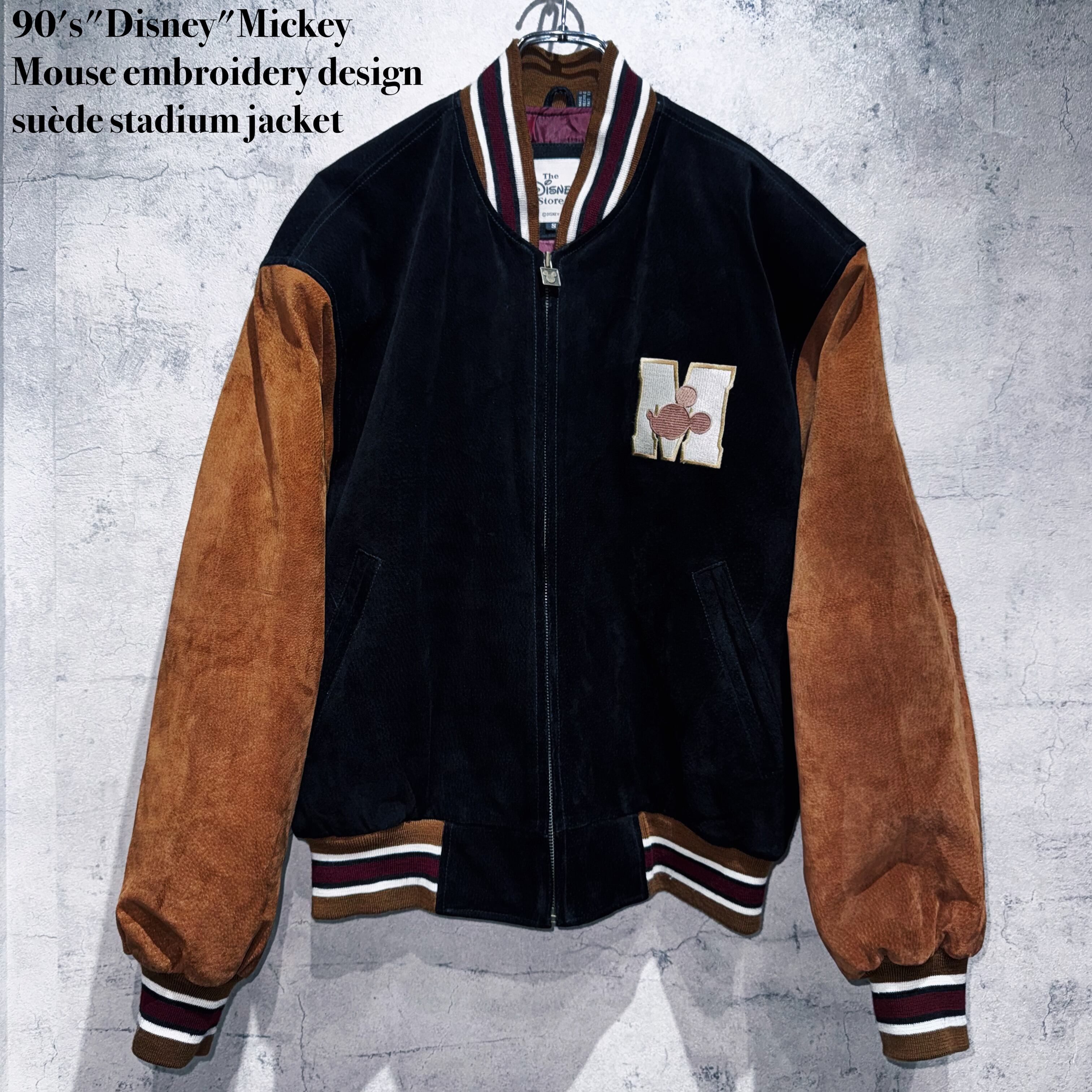 90's"Disney"Mickey Mouse embroidery design suède stadium jacket