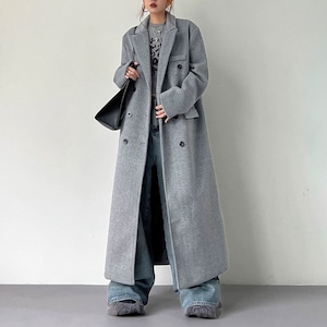 GRAY COLLARED V-NECK DOUBLE BREAST LONG WOOL COAT 1color M-15035