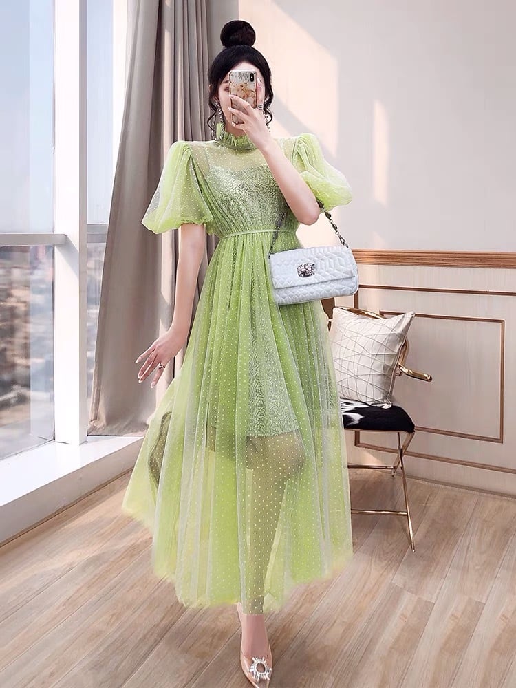 グリーン ワンピース ドレス エレガント XL 黄緑 | LOVEYsmileSHOP