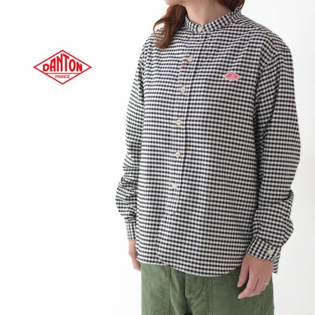 DANTON [ダントン] W's L/S OXFORD PLAID NO COLLAR SHIRTS [JD-3606TRD]  長袖オックスフォードプレイドノーカラーシャツ・ギンガムチェックシャツ・格子柄・長袖バンドカラーシャツ・綿シャツ・LADY'S[2022SS]