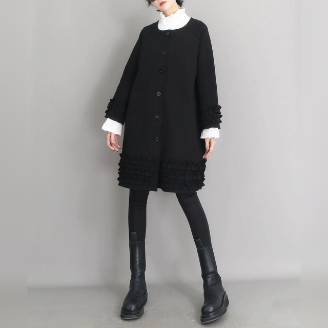 フリル装飾 ノーカラー ミドル丈コート 1color CO0210
