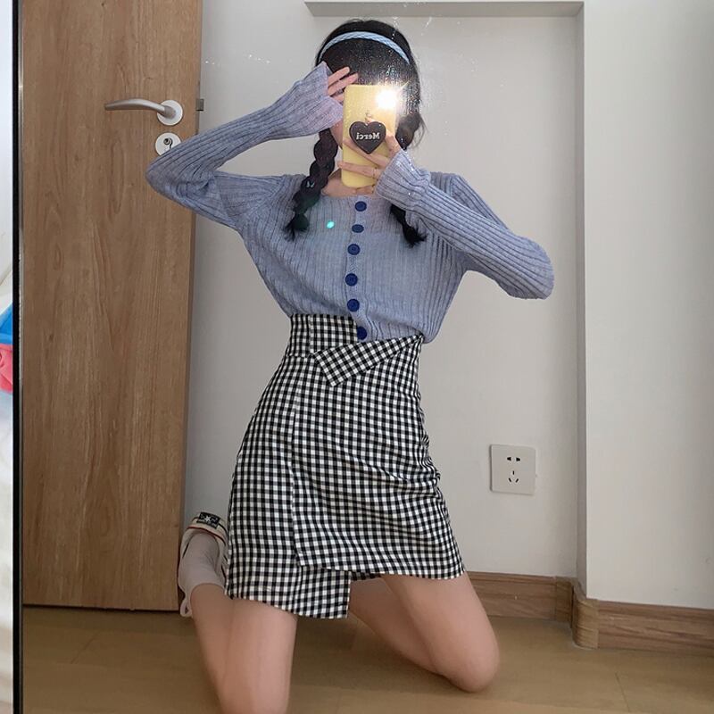 スプリングレディースブルーニットカーディガン格子柄スカート 春物 スーパーモール9120960125