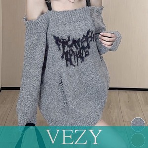 オフショルニットミニワンピース ダメージ 肩見せニットチュニックレザー調肩紐ニットワンピース フロントグラフィティニットトップス ゆったりY2Kニット ワンピース VEZY ベジー ItemNo.【23724596】