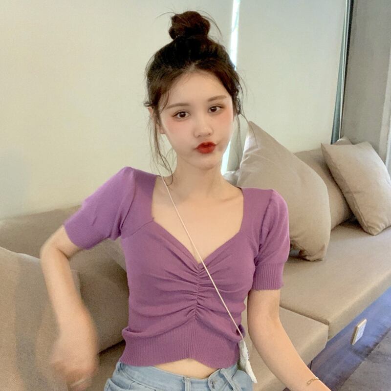 ニットサマースリム薄手クロップトップ トップス 夏物 シルク パープル スクウェア スーパーモール18520986467