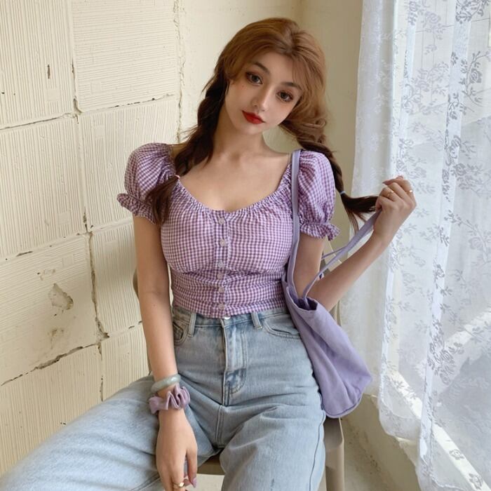 サマースタンダードスリーブウェスト格子柄レッドトップス ショートスタイルブラウス レディース レトロ 夏物 ドラファッションホール75518450324