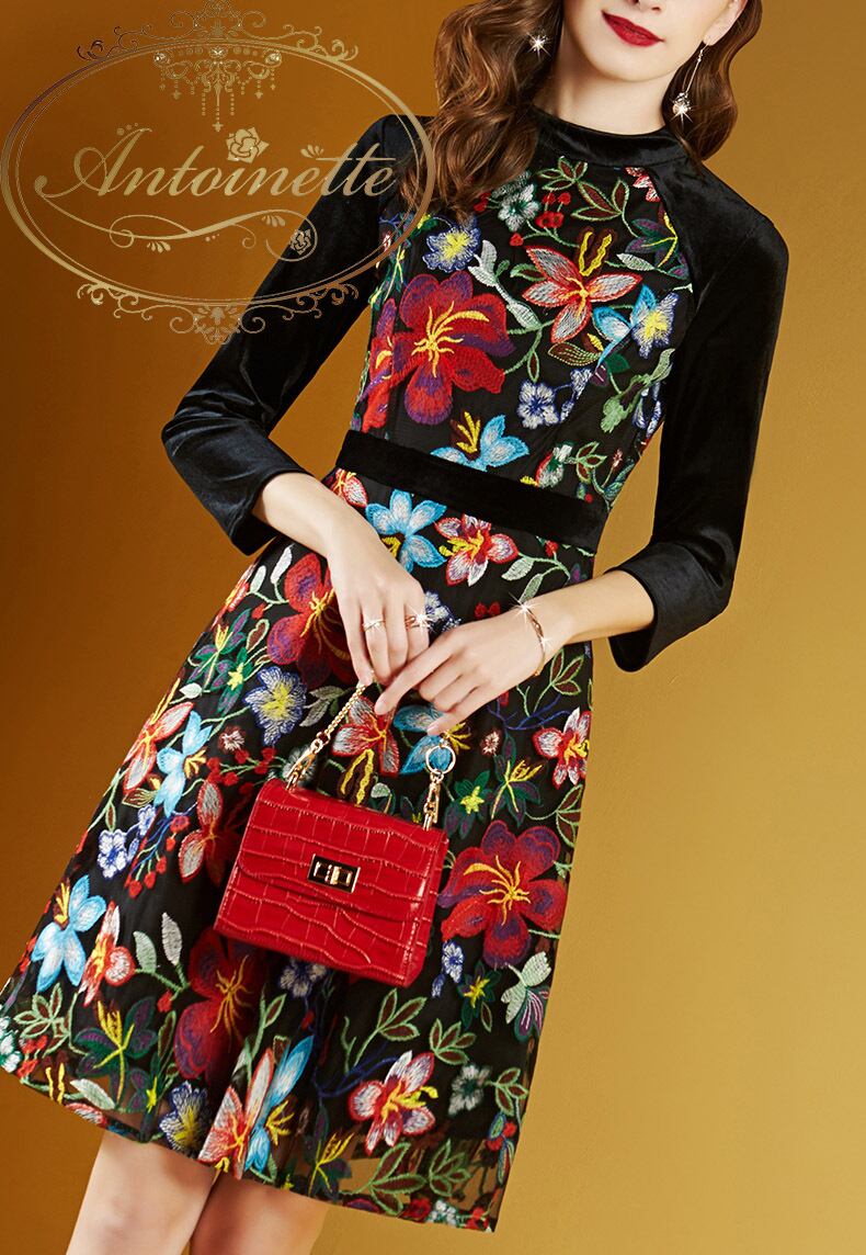 レディース ベロア 秋 長袖 ミニ丈 ワンピース 花柄 ワンピ カラフル パーティー おでかけ 二次会 Antoinette