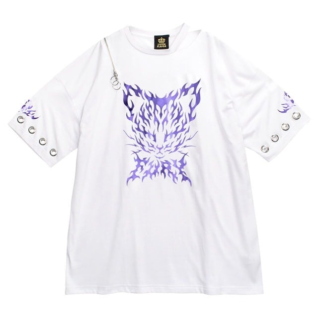 【 LISTEN FLAVOR】キラキラネコ スリットBIGトップス【WHITE】 2513509 リッスンフレーバー Tシャツ カットソー アームカバー ストリート サブカル 地雷系  ユニセックス オーバーサイズ