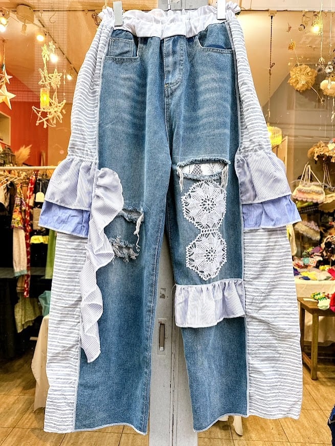 ハンドメイド リメイクレースデニムパンツ〈BL〉【Mothers made