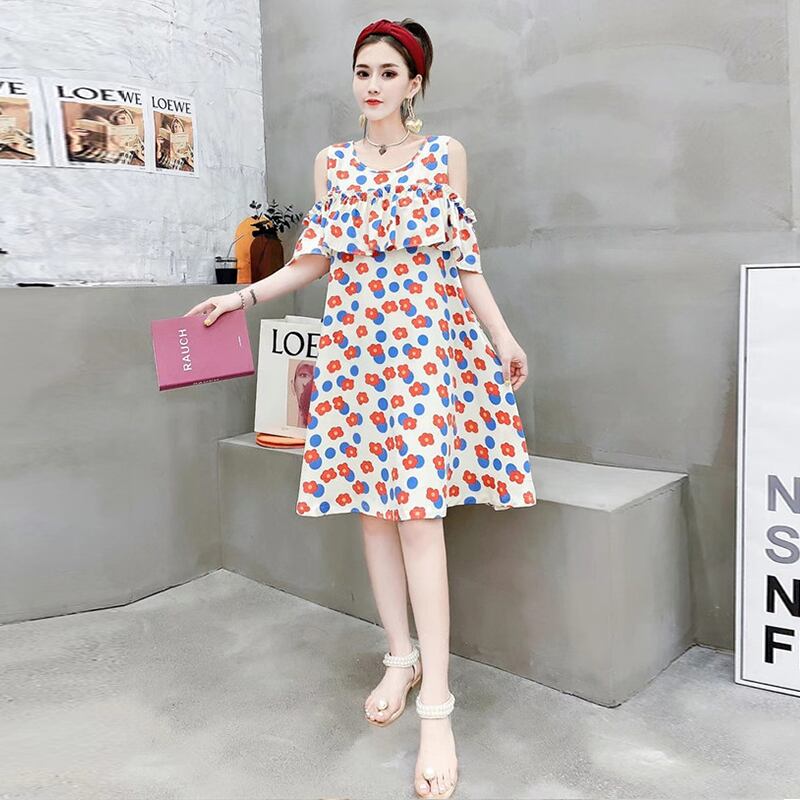 サマードレス Flowerデザイン スカート 大きめサイズ 夏物 オフショルダー フラワーデザイン ミックスインファッション33599032621