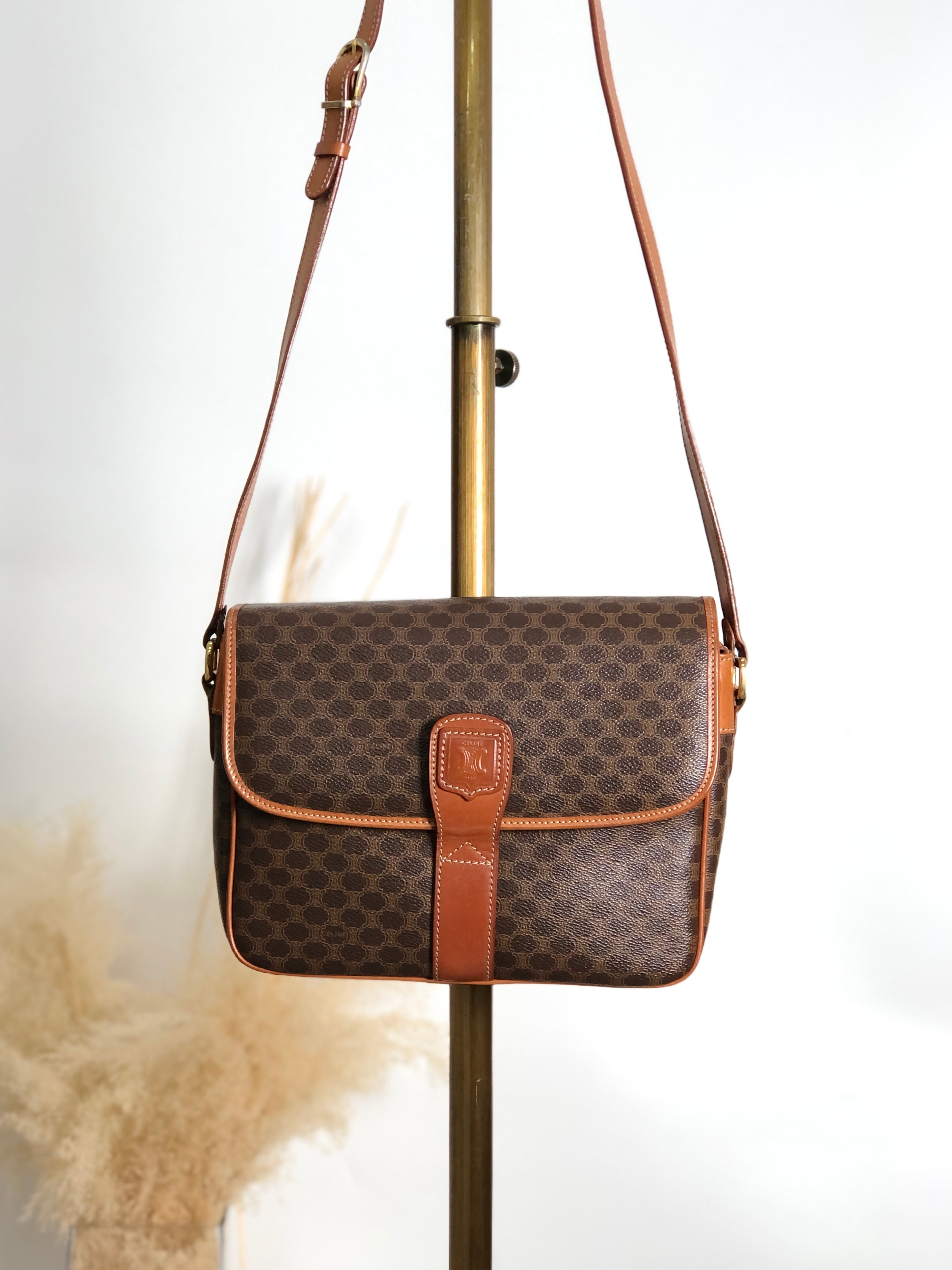CELINE セリーヌ マカダム ショルダーバッグ ブラウン ブラゾン型押し PVC レザー vintage ヴィンテージ オールド vim7mw