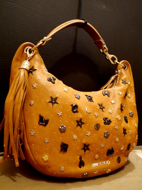 レア★JIMMY CHOO ジミーチュウ ゾディアック 星座スタッズ フリンジチャーム レザー ショルダートート バッグ茶★ 星座スタッズが個性的♪