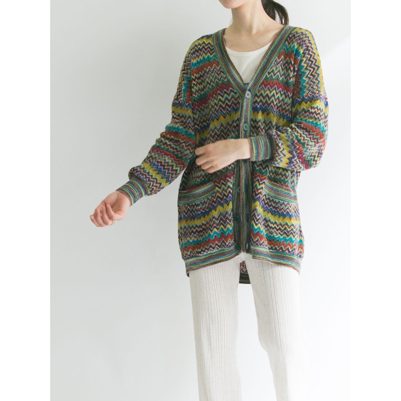 良配色 MISSONI イタリア製 マルチニット ロング カーディガン コート