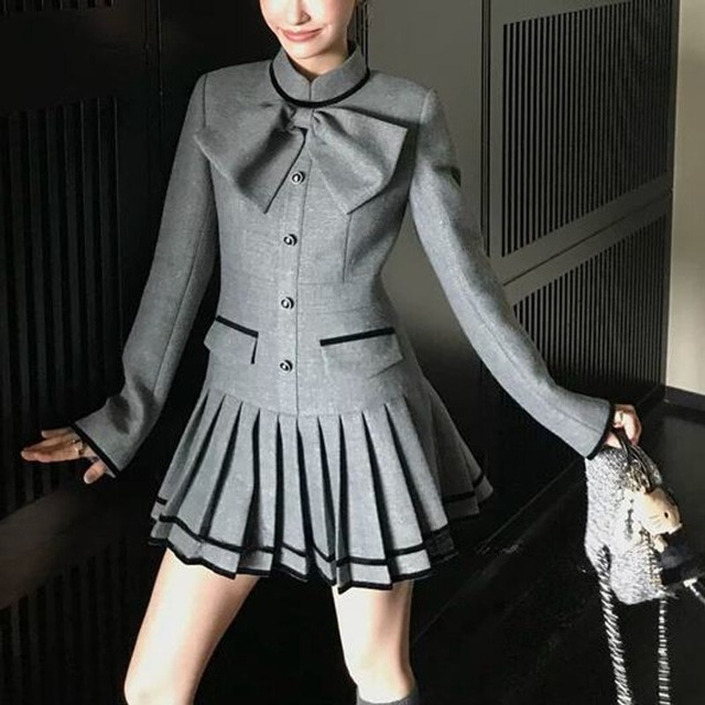 Big ribbon pleats mini dress　M1764