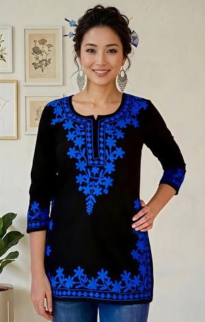 インディゴフラワー刺繍クルティ WA014