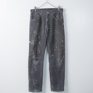 1990s vintage "Levis", 505 artistic paint & good fade black denim tapered trousers / Made In USA