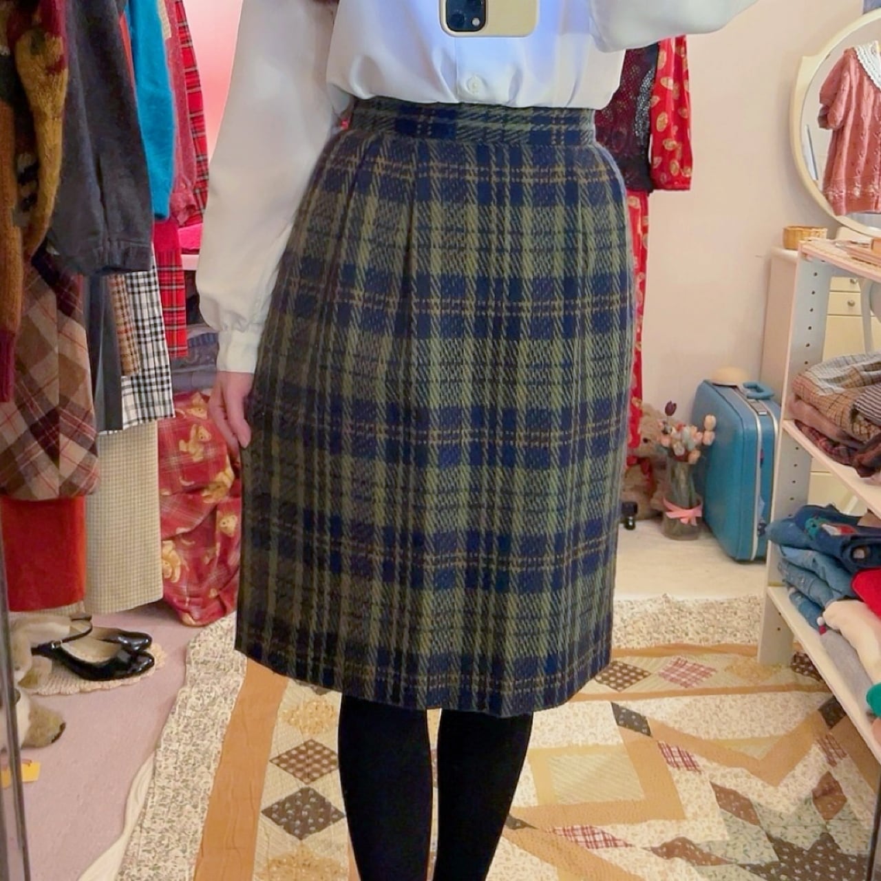 green check semi tight skirt