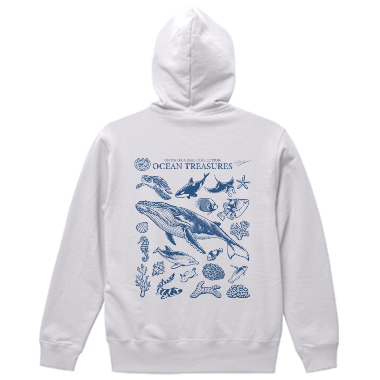 海洋生物ヴィンテージ風フルジップパーカー｜OCEAN TREASURES／Model-02（ホワイト）