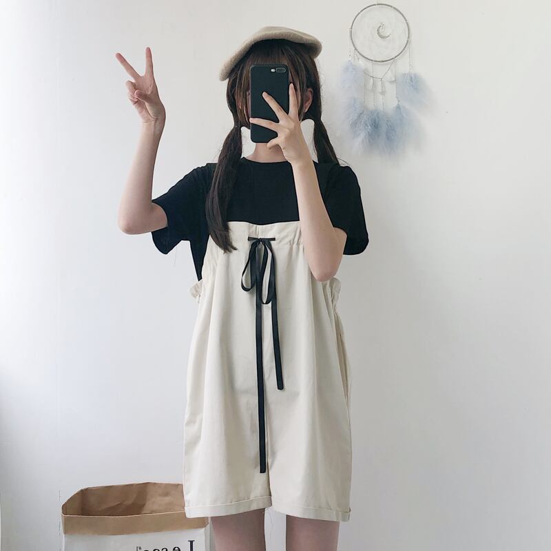2点セット セットアップ レディースファション 着痩せ 可愛い デート 韓国風 カジュアル シンプル ラウンドネック 半袖 トップス Tシャツ サロペット つりズボン フリーサイズ 激安 グリーン 緑 アプリコット ブラック 黒い Elegant