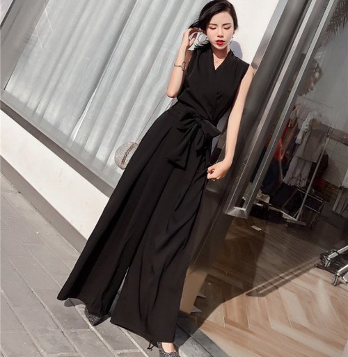 結婚式ドレス パーティードレス オールインワン パンツスタイル ウエストリボン ワイドパンツ ノースリーブ 夏 ロング 無地 ブラック レッド ベージュ 結婚式 二次会 謝恩会 女子会 Vネック