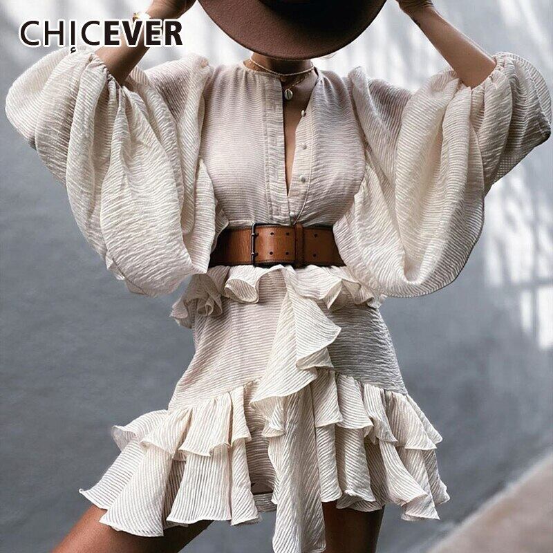 CHICEVERパッチワークフリルドレス女性Oネックランタン長袖ウエストサッシAラインドレス2020 ロング ラッフル 6base591700884594