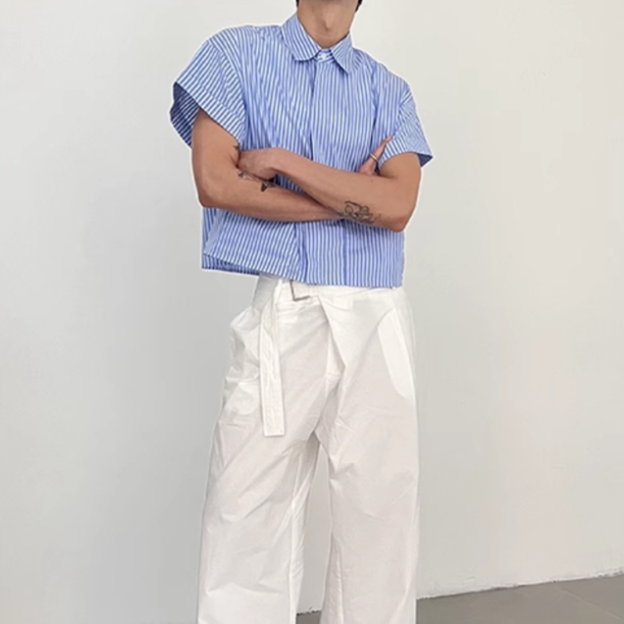 ポケットストライプショート半袖シャツ　0796