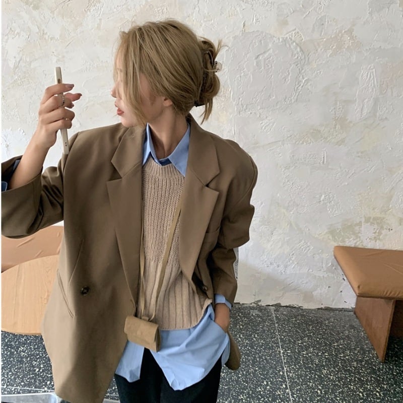2020年秋新しいファッションスーツ女性フライドストリートルーズスーツデザインセンスニッチシャツスタックニットベスト ドラファッションホール36065400609