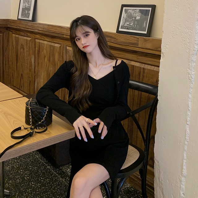 全2色 セットアップ ツーピース ショート丈カーディガン キャミソールワンピース ミニ丈 カジュアル シンプル シック 春夏 お出かけ デート 女子会 デイリー 長袖 無地 Arroser