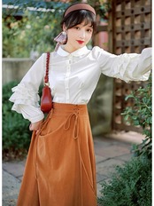 【0205】Tiered Shirt Corduroy Skirt Long Sleeve 2 Piece Set