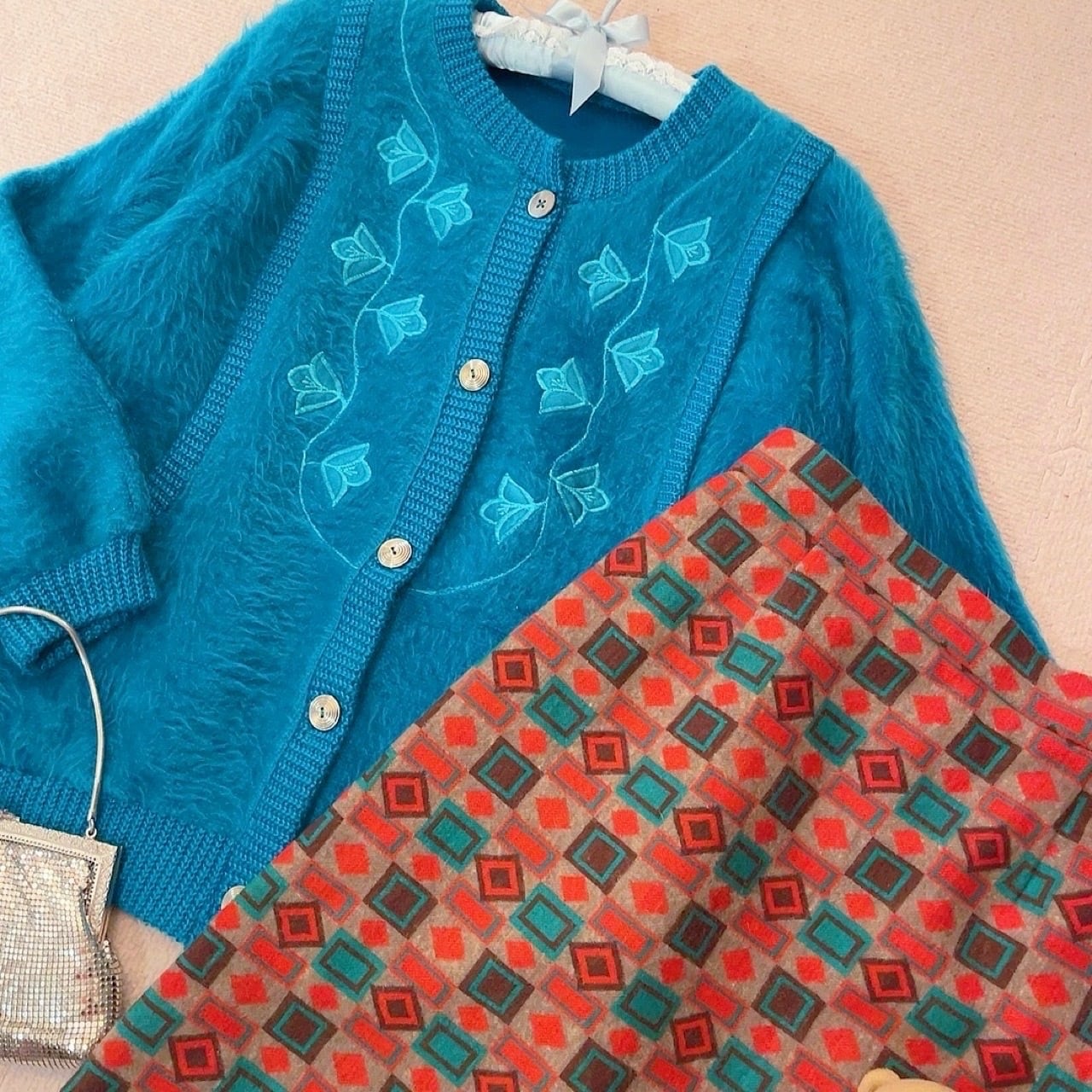 peacock green shaggy knit cardigan