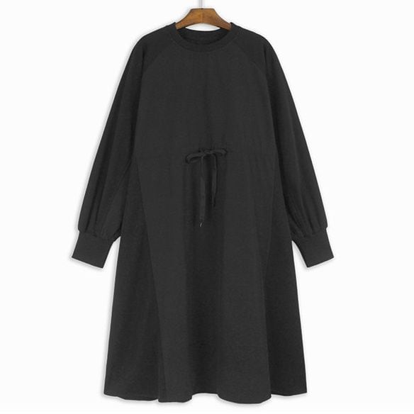 DRAWSTRING WAIST CONTRAST LONG SWEATSHIRT DRESS M-18499
