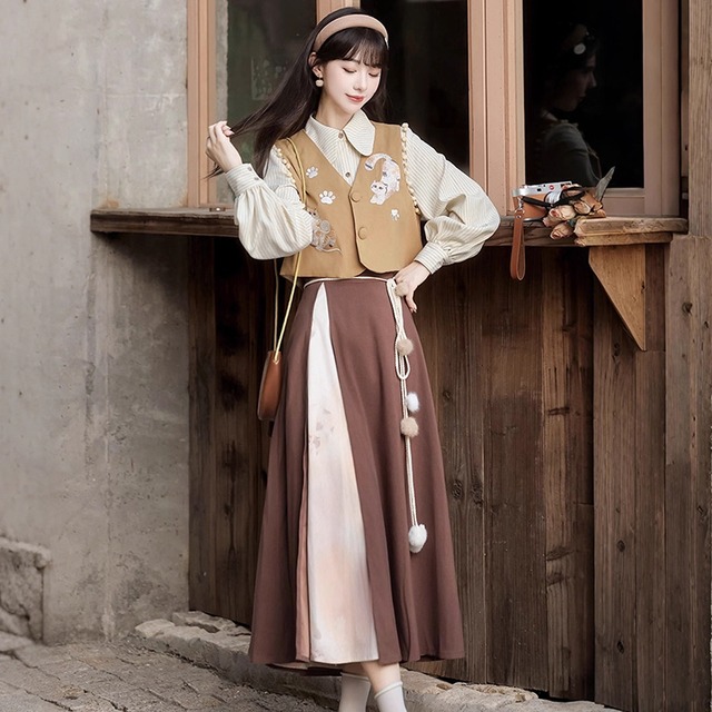❤チャイナス風3点セット！【楓竹---三花猫シリーズ】★チャイナ風セットアップ★ シャツ+ベスト+スカート 3点セット 中華服 漢服