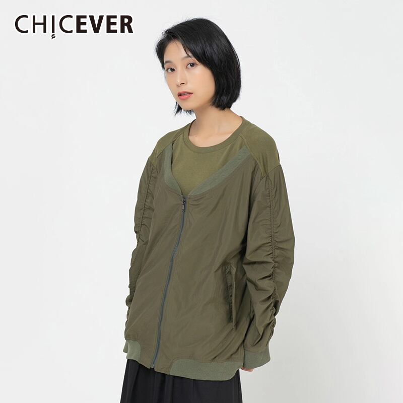 CHICEVERストリートスウェットシャツレディースOネックパフ長袖ルーズシャーリングパッチワークジッパープルオーバー2020 ロング 6base549965285809